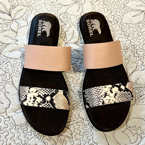 SOREL Ella Il Slide Sandals for Women in Mauve Vapor Snake Print Leather Sz 11 - Picture 2 of 13